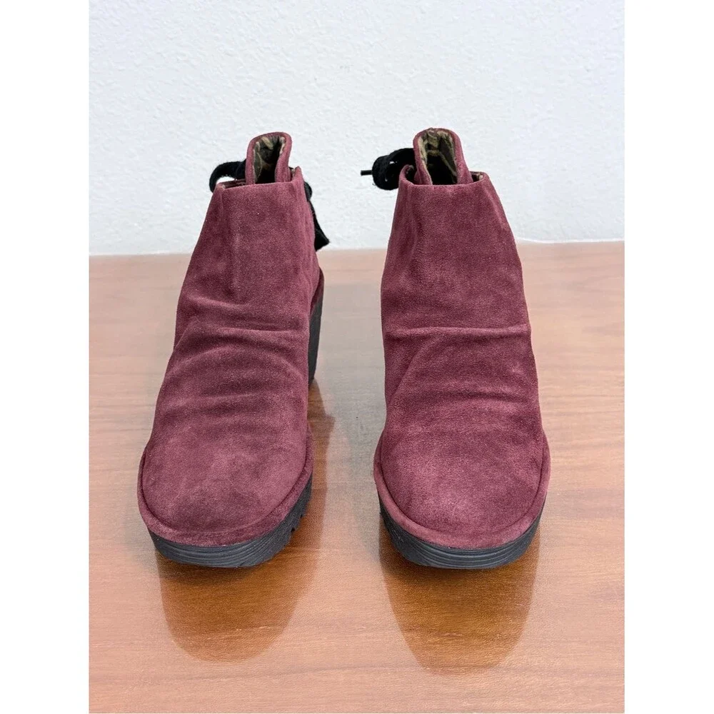 Fly London Yama Burgundy Suede Wedge Ankle Booties 38